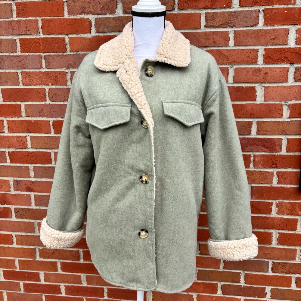 Sweet Rain Sage Green Teddy Jacket with Sherpa Lining and Oversized Fit XS
